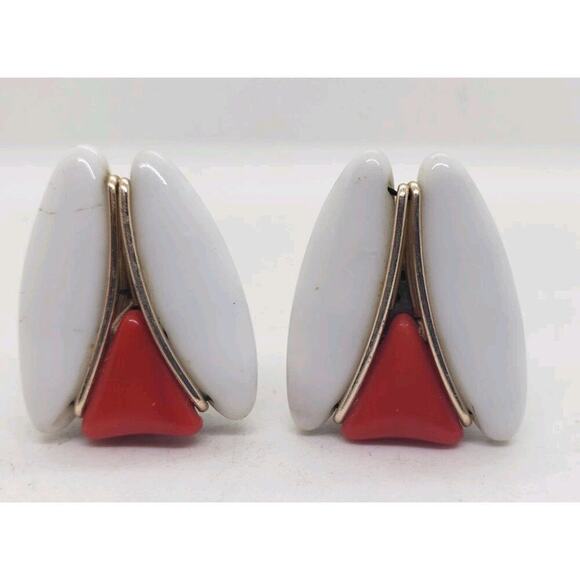 Vintage Earrings White & Orange Wired Clip West Germany Mid Century Retro 1950s - Picture 1 of 7